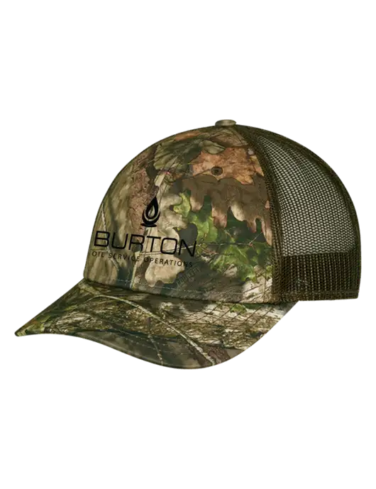 Breakup Country Brown Mossy Oak Camo Mesh Trucker Cap Snap Back w/Burton Oil Logo