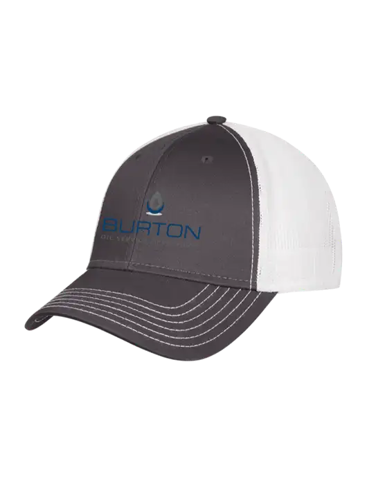 Dark Grey/White Mesh Trucker Cap Snap Back w/Burton Oil Logo