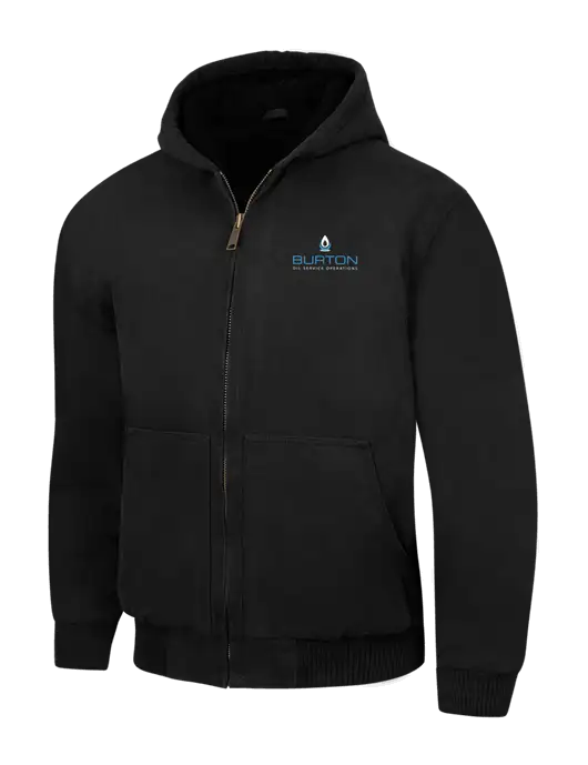 CornerStone Black Washed Duck Cloth Insulated Hooded Work Jacket w/Burton Oil Logo