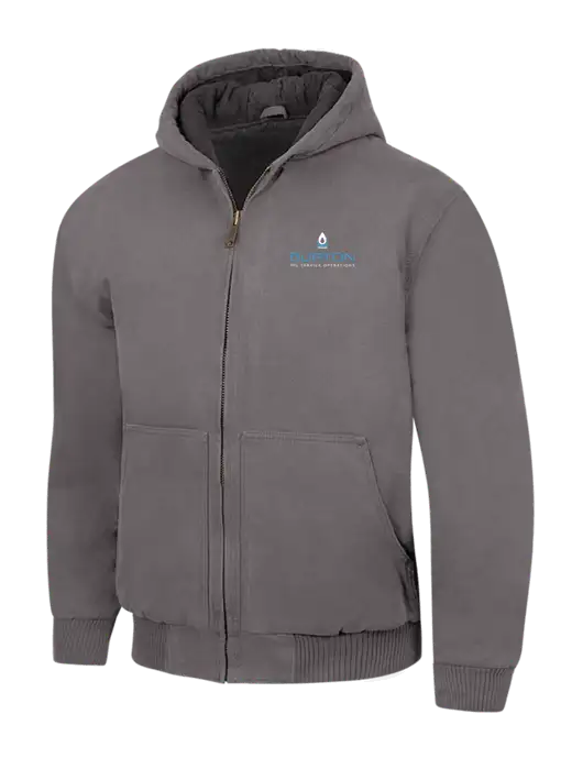 CornerStone Medium Grey Washed Duck Cloth Insulated Hooded Work Jacket w/Burton Oil Logo