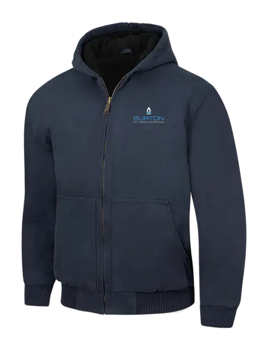 CornerStone Navy Washed Duck Cloth Insulated Hooded Work Jacket w/Burton Oil Logo