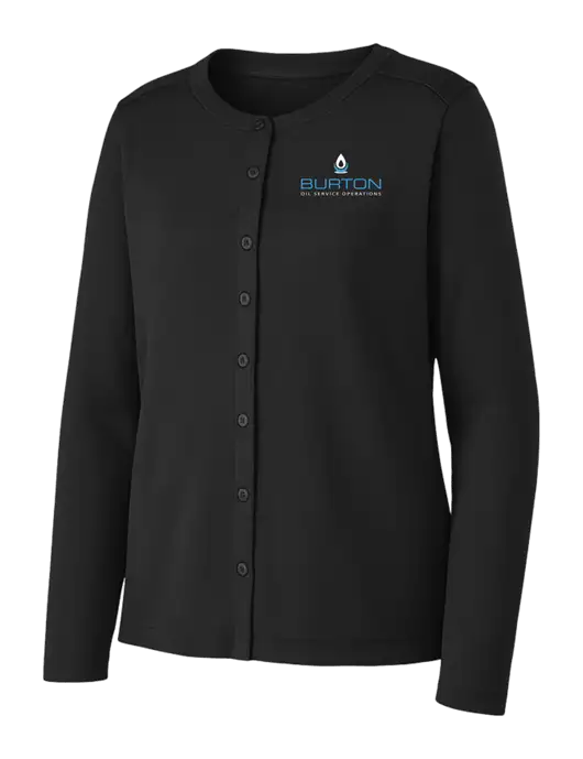 Black Womens Concept Stretch Button-Front Cardigan Sweater w/Burton Oil Logo
