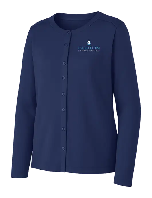 Dress Blue Navy Womens Concept Stretch Button-Front Cardigan Sweater w/Burton Oil Logo