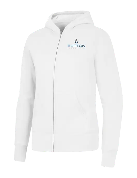 White Womens Core Fleece Full-Zip Hooded Sweatshirt w/Burton Oil Logo